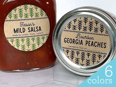 Two mason jars with colorful Custom Kraft Harvest Canning Labels on the front. The canning jars contain home canned mild salsa and bourbon peaches | CanningCrafts.com