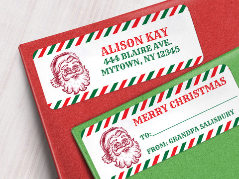 Two custom Printed Santa Claus Return Address Labels for mailing Christmas cards or gift giving presents. Personalized stickers have a portrait of St. Nick with red and green peppermint striped border and fancy lettering with your own text. | CanningCrafts.com