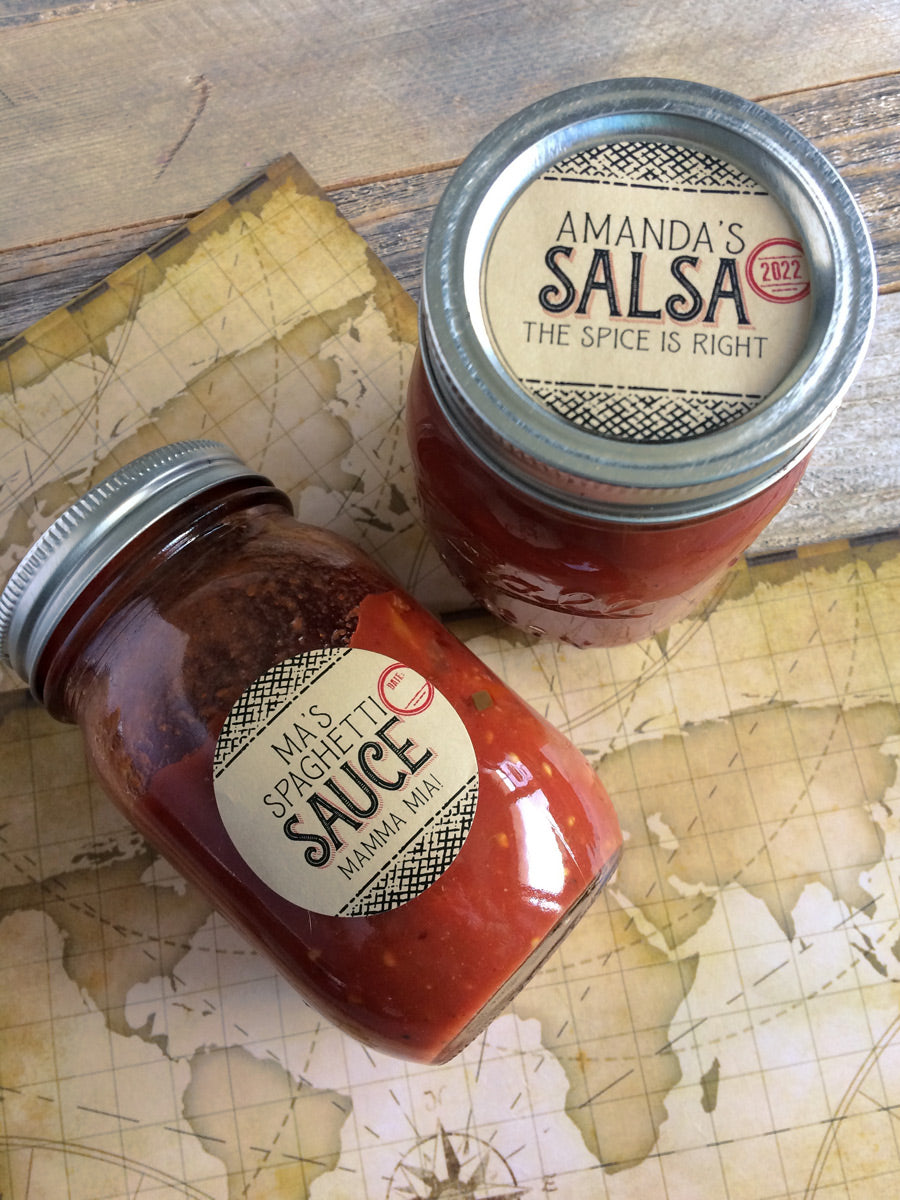 Custom Kraft Flavor Adventures canning labels for salsa & tomato or spaghetti sauce | CanningCrafts.com