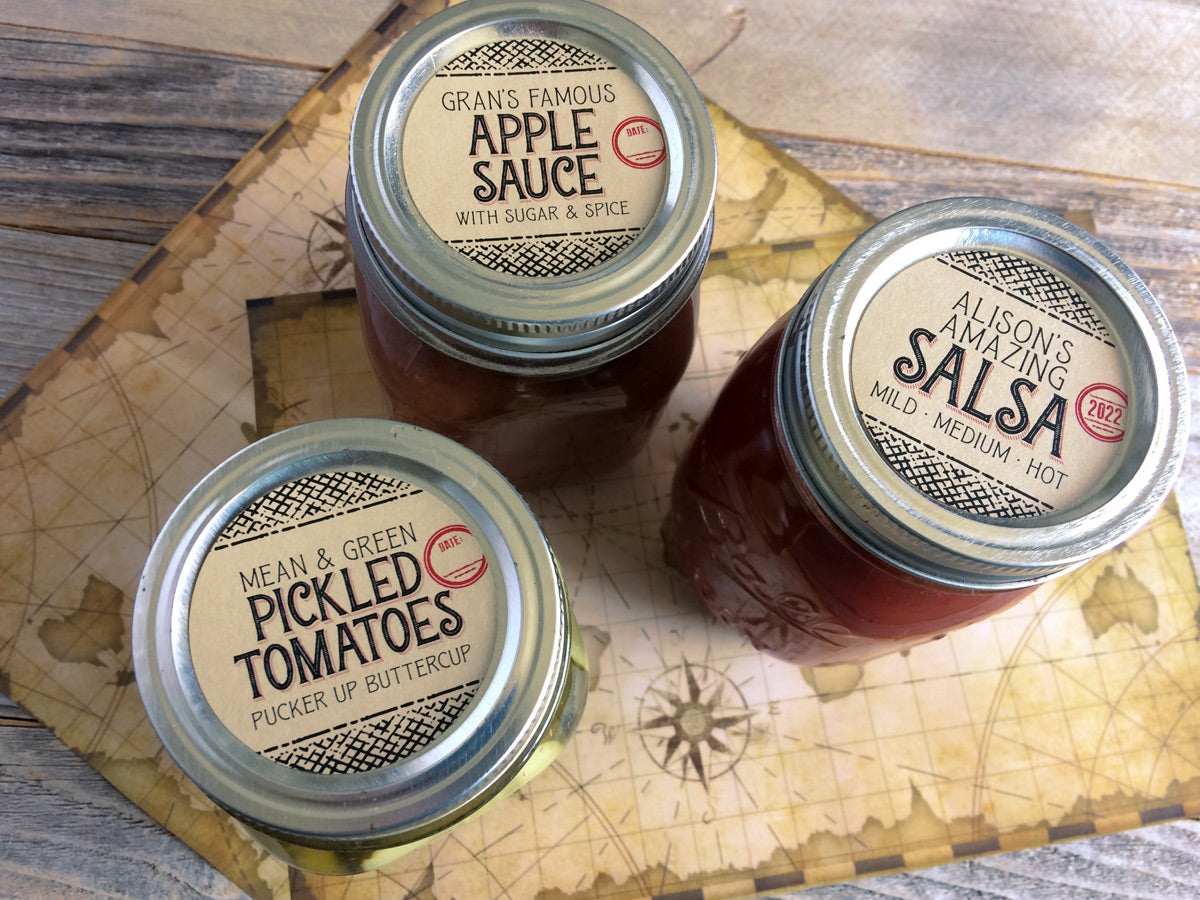 Custom Kraft Flavor Adventures canning labels for applesauce, tomatoes, & salsa | CanningCrafts.com
