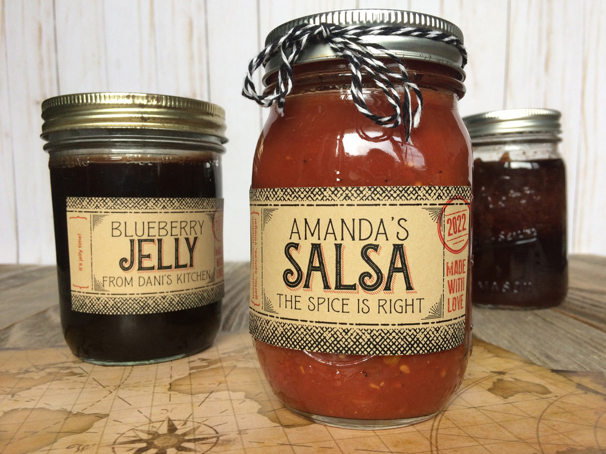 Custom Kraft Flavor Adventures rectangle canning labels for jelly, jam, & salsa | CanningCrafts.com