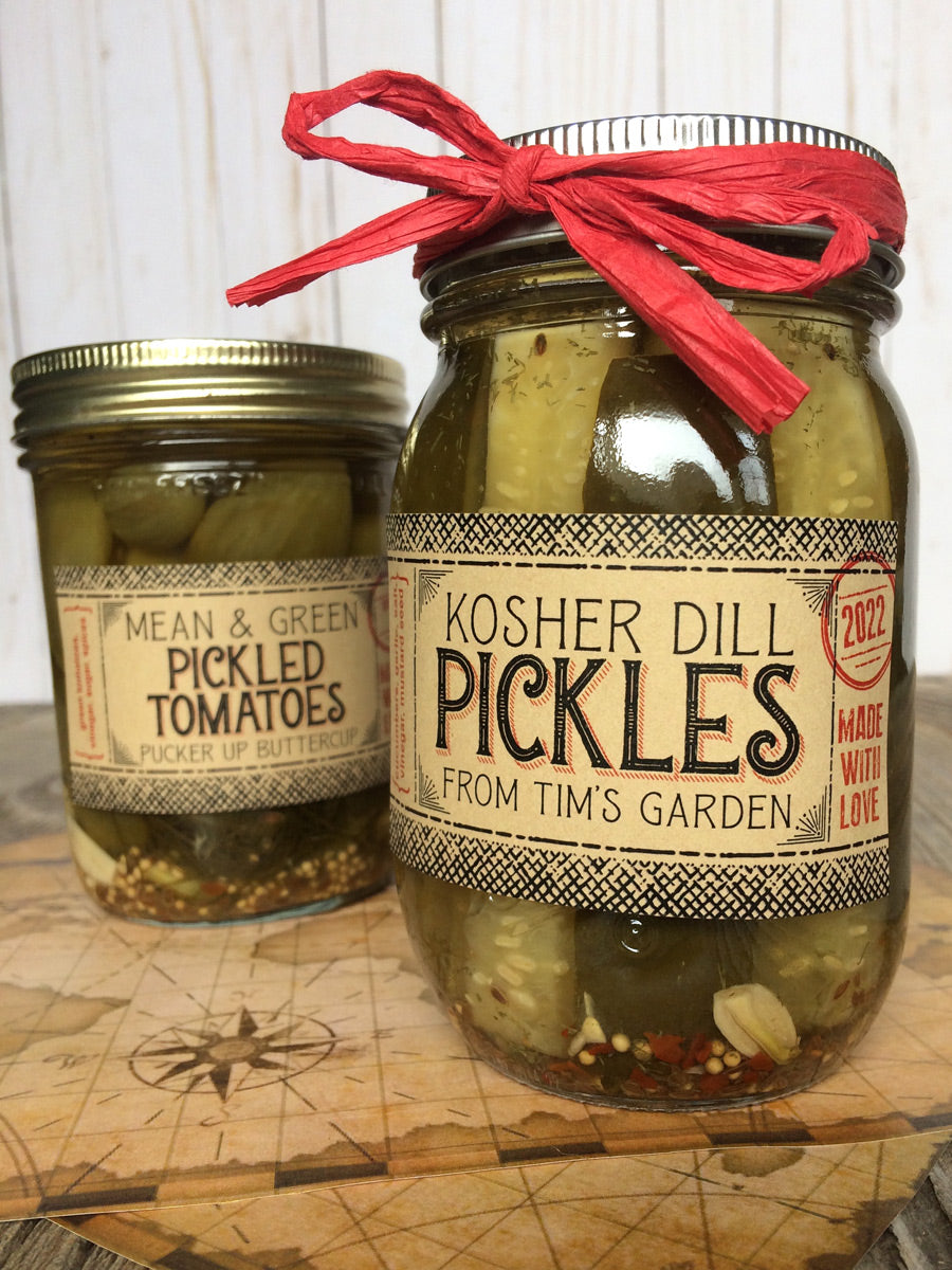 Custom Kraft Flavor Adventures rectangle canning labels for dill pickles & pickled green tomatoes  | CanningCrafts.com