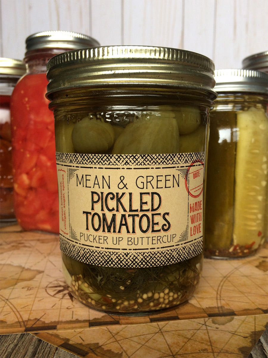 Custom Kraft Flavor Adventures rectangle canning labels for pickled green tomatoes  | CanningCrafts.com