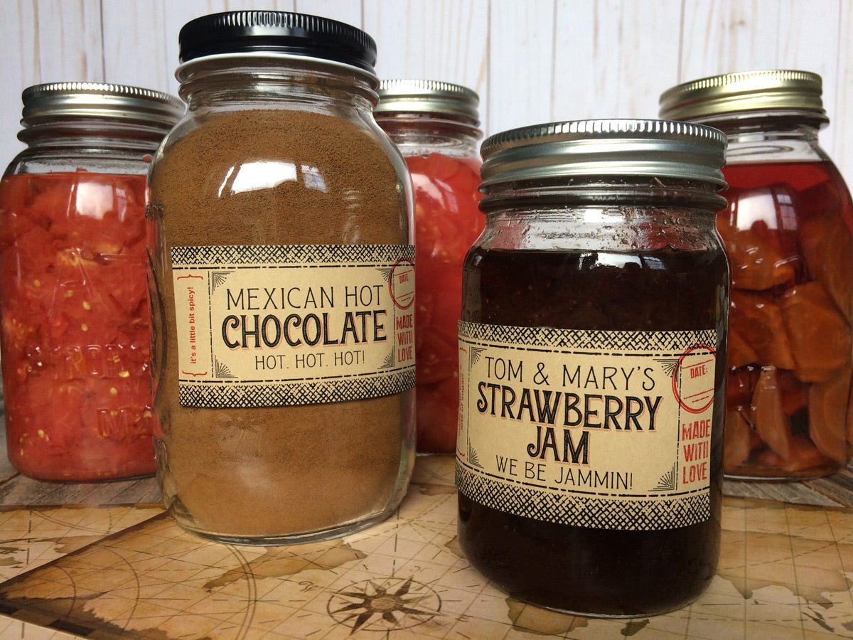 Custom Kraft Flavor Adventures rectangle canning labels for jam & jelly jars | CanningCrafts.com