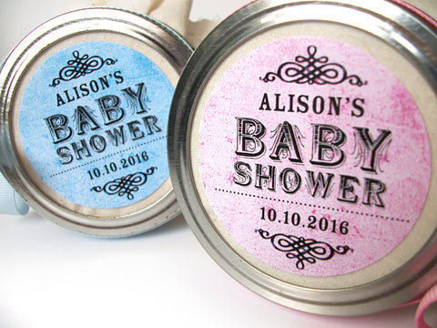 custom vintage pink & blue baby shower favor labels | CanningCrafts.com