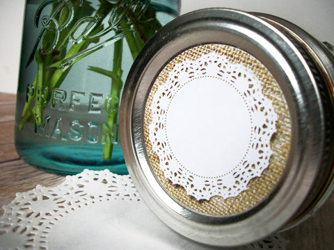 Cottage chic burlap doily canning labels | CanningCrafts.com