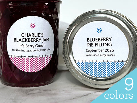 Two canning jars with our Custom Herringbone Canning Labels on the front. One label is pink on Blackberry Jam & the other is blue on a jar of Blueberry Pie Filling | Canningrafts.com