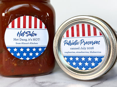 Custom Star Spangled Canning Labels on home canned salsa and preserves. The patriotic canning jar label artwork shows red, white, and blue American flag graphics with text for the jar contents | CanningCrafts.com