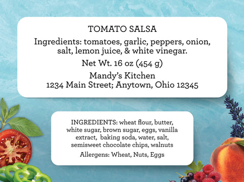 Rectangle Ingredient and Info Labels for tomato salsa and baking ingredients and allergens for cookies | CanningCrafts.com