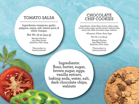 Round Ingredient and Info Labels for tomato salsa, chocolate chip cookies, and baking ingredients for products | CanningCrafts.com