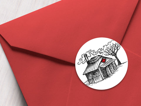 Round printed maple sugar shack labels on red envelope | CanningCrafts.com