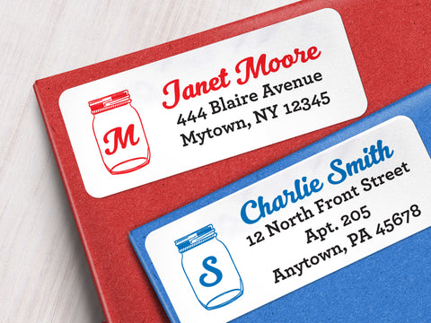 Custom Monogram Mason Jar Address Labels on red and blue envelopes | CanningCrafts.com