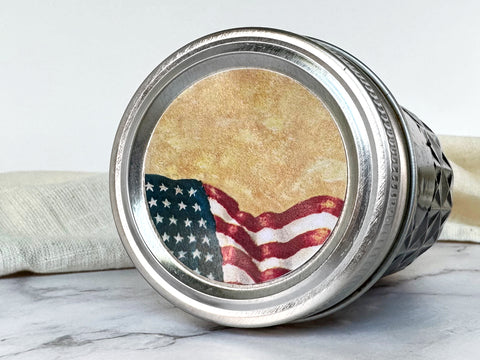 Old Glory Canning Labels on home canned food. The patriotic canning jar label artwork shows the American flag with room to handwrite text for the jar contents | CanningCrafts.com