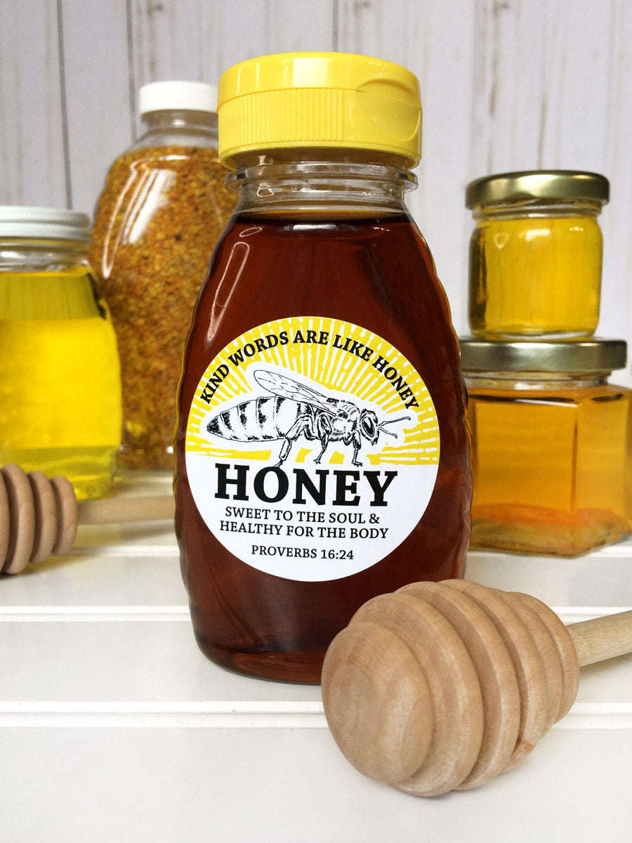 Custom Queen Bee Honey Labels Proverbs 16:24 | CanningCrafts.com