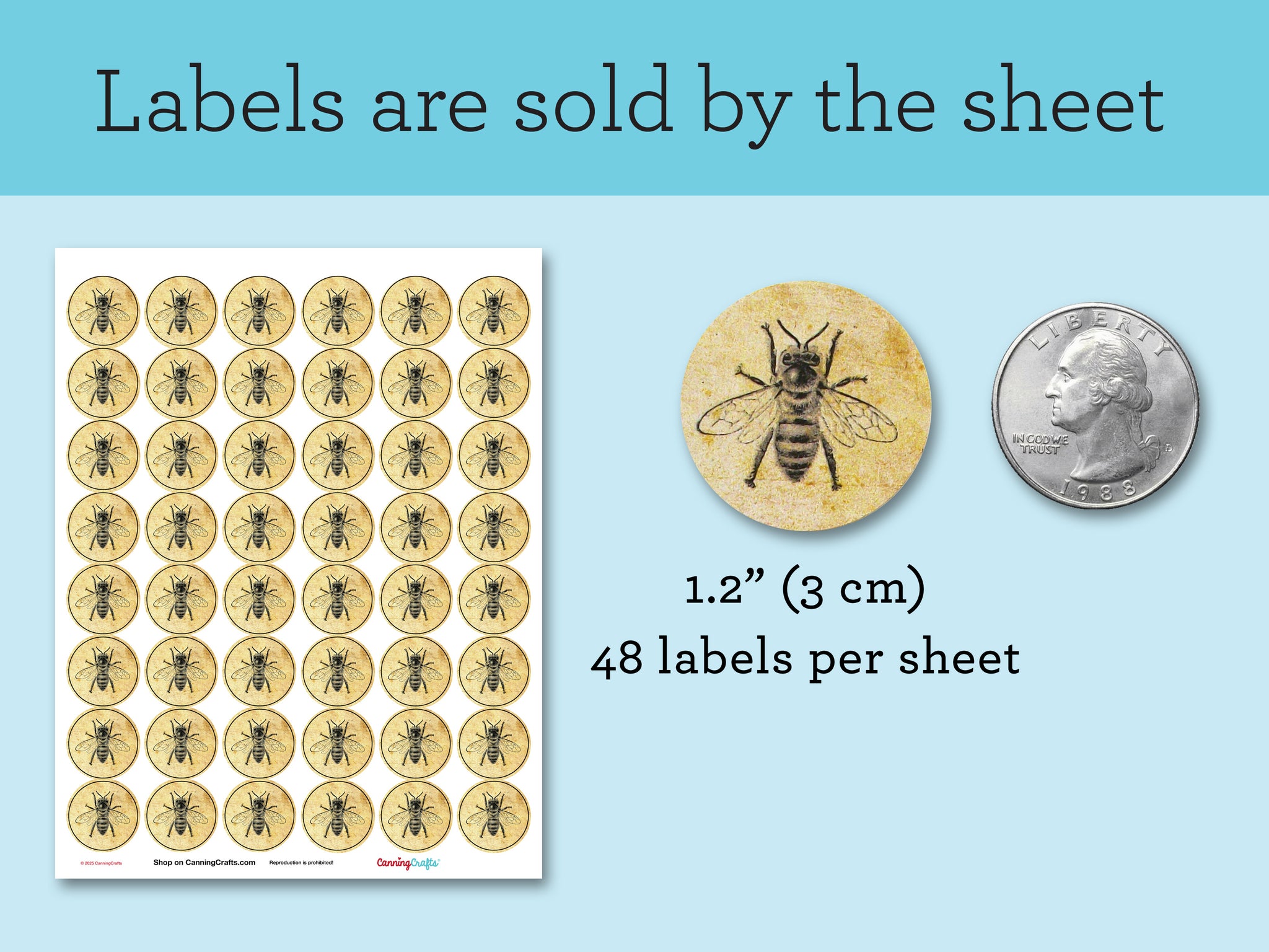 Round printed vintage honey bee labels with antique parchment paper background are sold by the sheet and are slightly larger than a quarter | CanningCrafts.com