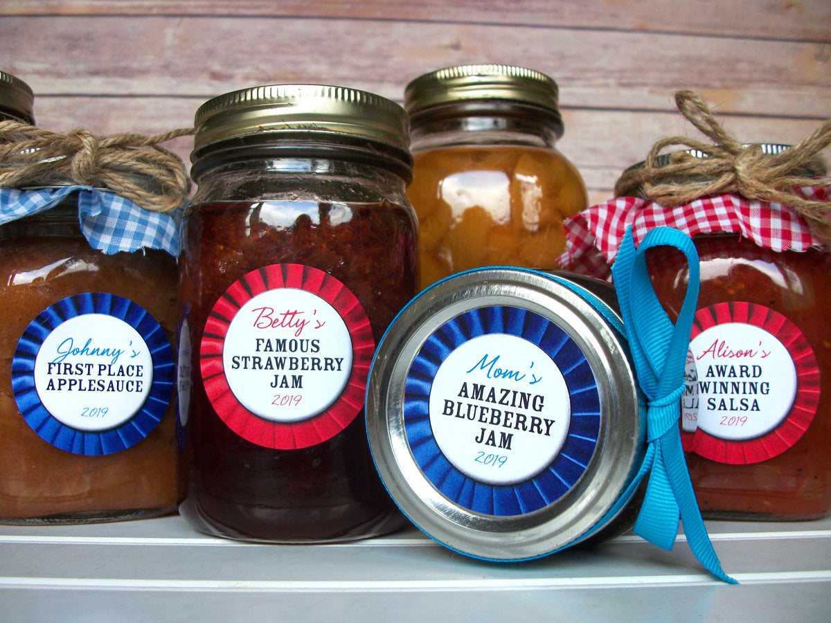 Custom Red or Blue Award Ribbon Canning Labels for fair & farmer's market entries | CanningCrafts.com