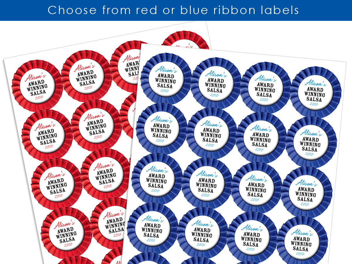 Custom Red or Blue Award Ribbon Canning Labels for fair & farmer's market entries | CanningCrafts.com