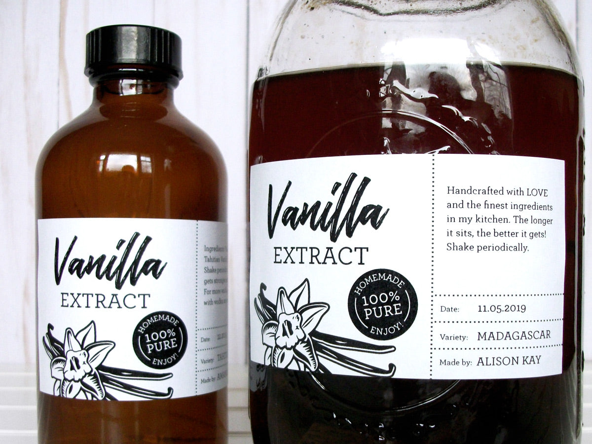Custom Black & White Vanilla Extract Rectangle Bottle Labels | CanningCrafts.com