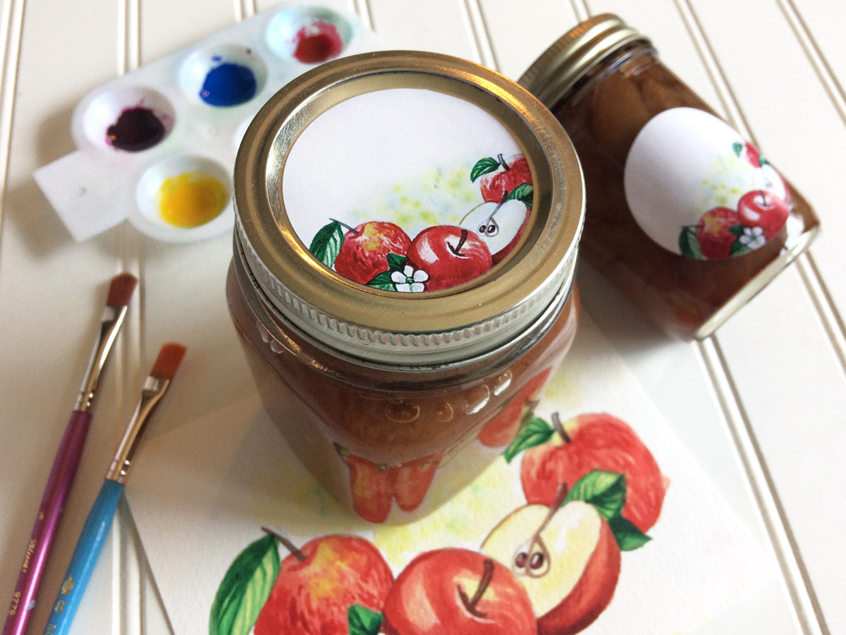 Watercolor Apple Canning Labels for regular or wide mouth mason jar lids | CanningCrafts.com