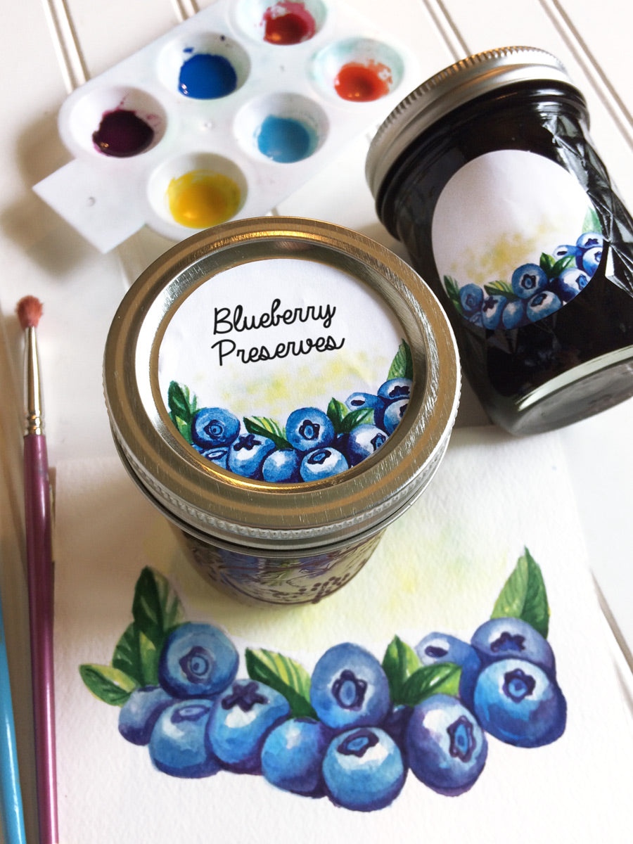 Watercolor Blueberry Canning Labels fit regular and wide mouth mason jar lids | CanningCrafts.com