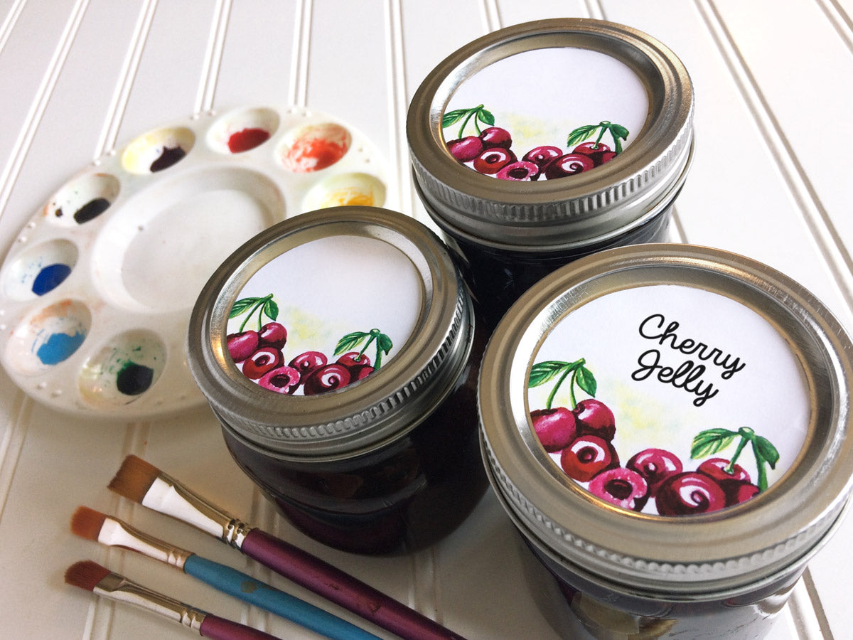 Watercolor Cherry Canning Labels for regular and wide mouth mason jar lids  | CanningCrafts.com