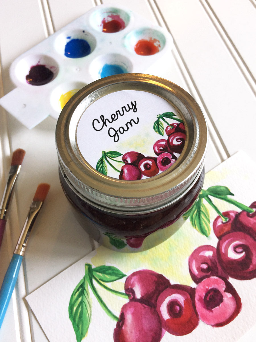 Watercolor Cherry Jam and Jelly Jar Labels for regular and wide mouth mason jar lids | CanningCrafts.com