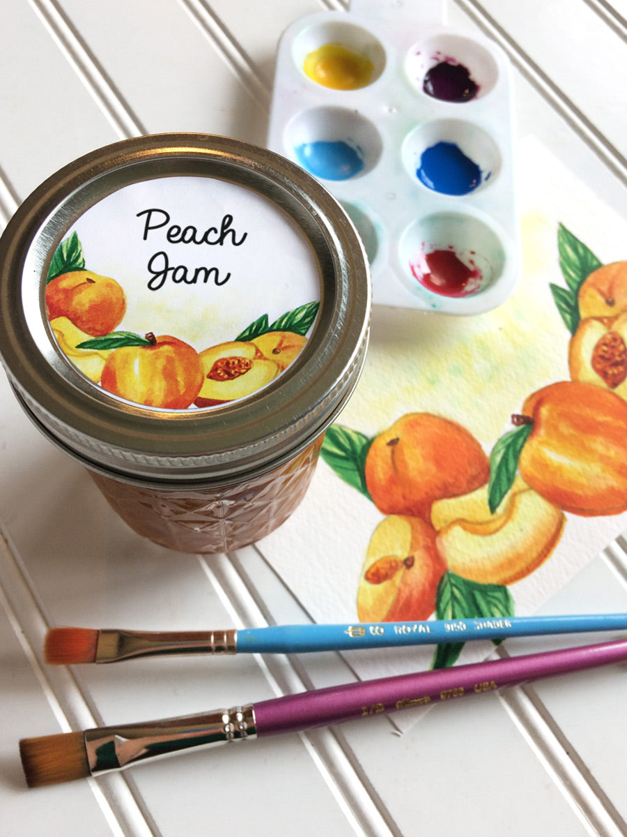 Watercolor Peach Jam Jar Labels for regular and wide mouth mason jars | CanningCrafts.com