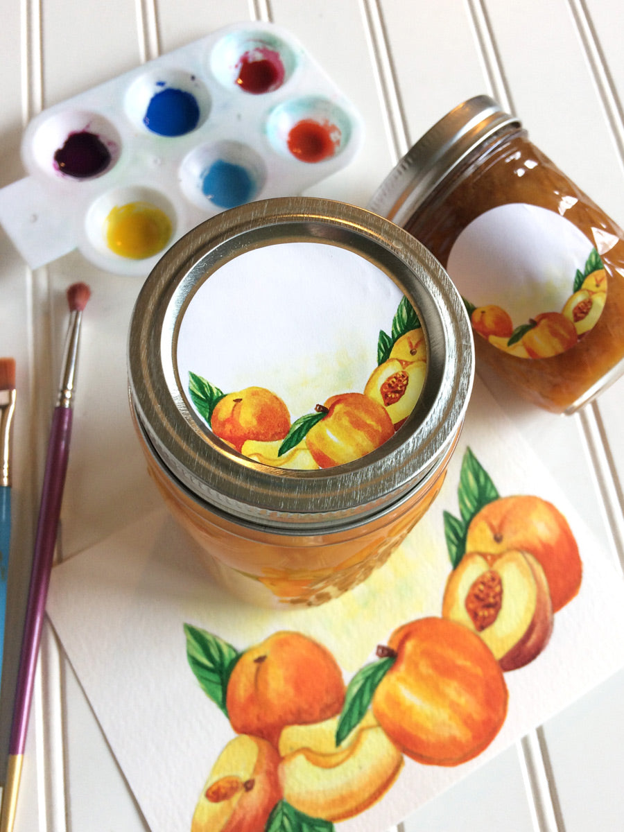 Watercolor Peach Canning Jar Labels for home preserved jam, jelly, preserves, or pie filling | CanningCrafts.com