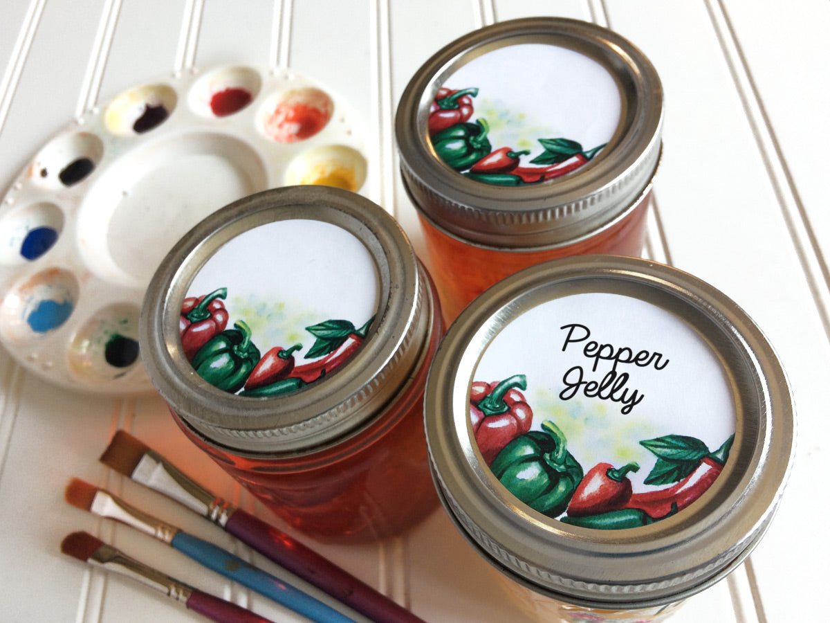 Watercolor Pepper Mason Canning Jar Labels for regular and wide mouth lids | CanningCrafts.com