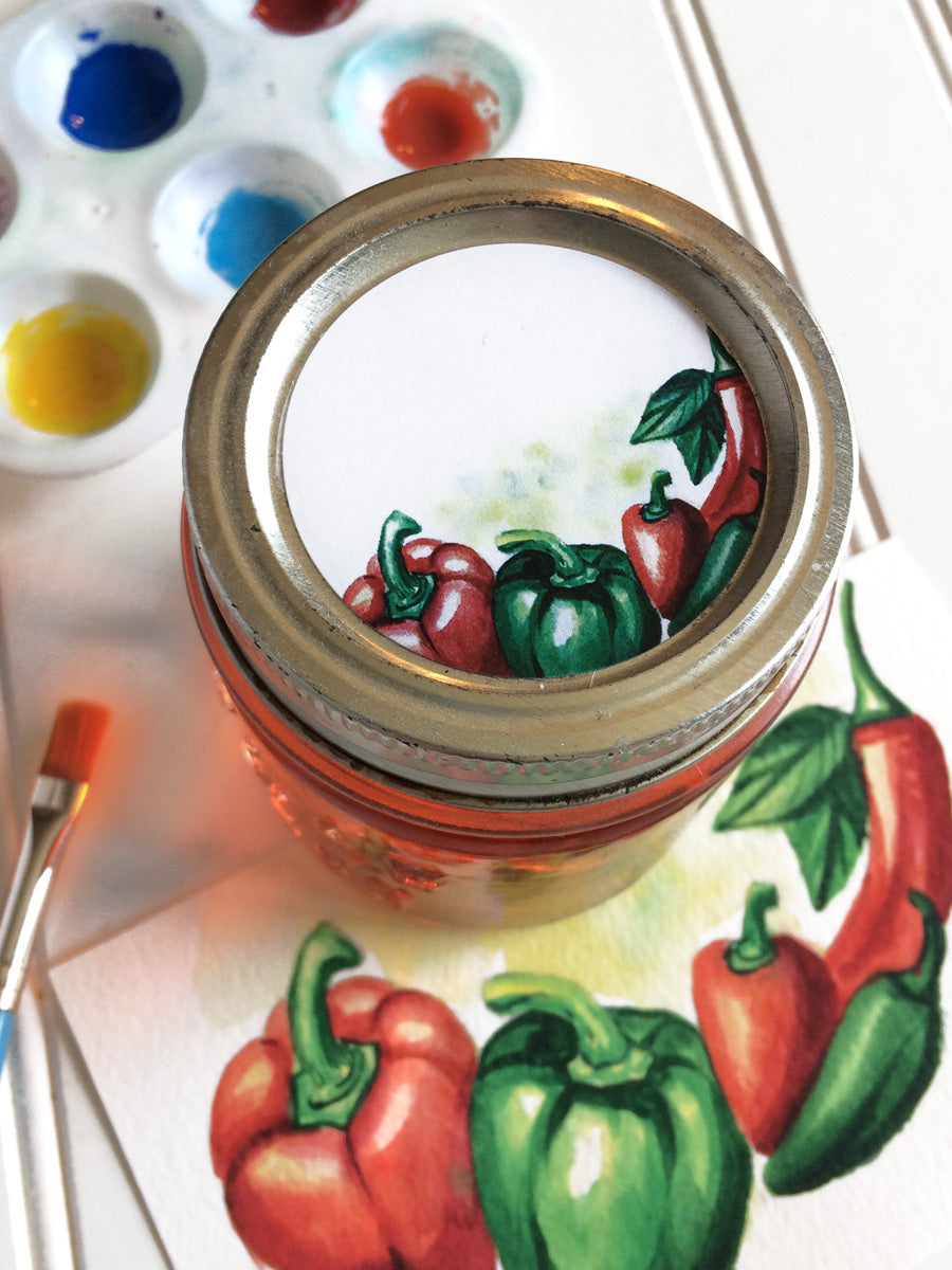Watercolor Pepper Canning Labels for jelly jars | CanningCrafts.com