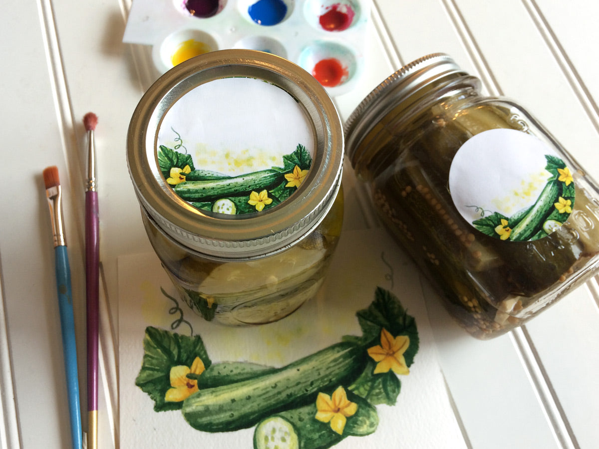 Watercolor Pickle Mason Canning Jar Labels for dill, sweet, bread & butter, or relish | CanningCrafts.com