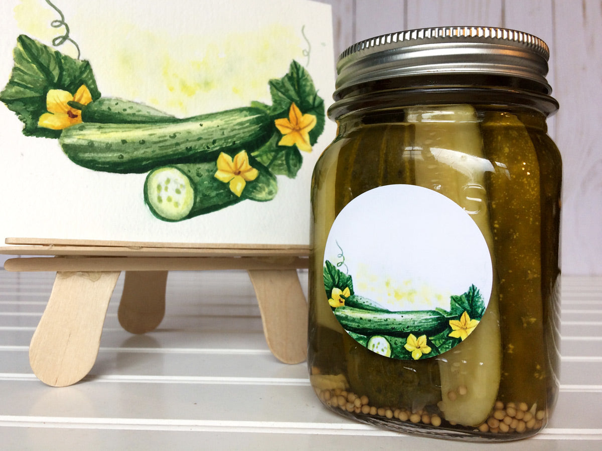 Watercolor Pickle Mason Jar Labels for canning dill, sweet, bread & butter, or relish | CanningCrafts.com