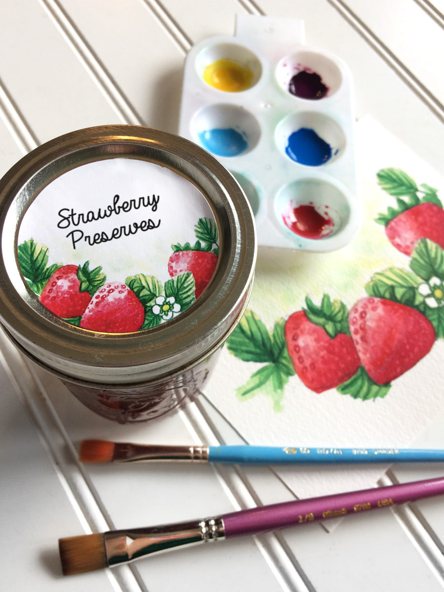 Watercolor Strawberry Canning Labels for jam, jelly, and preserves | CanningCrafts.com