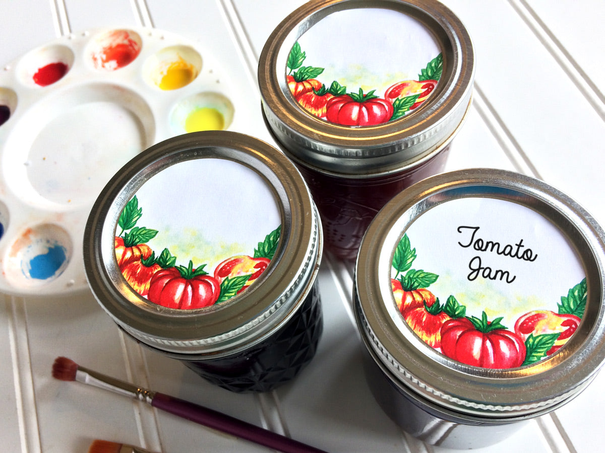 Watercolor Tomato Canning Labels for regular and wide mouth mason jar lids | CanningCrafts.com