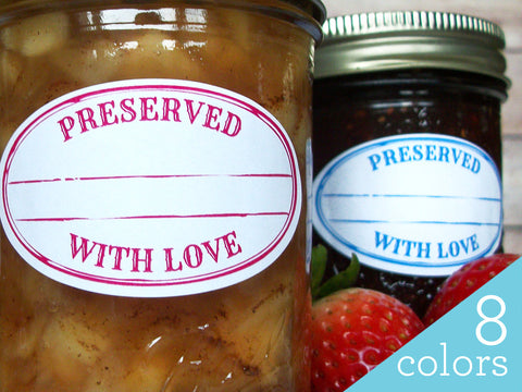 Colorful Stamped Preserved With Love Oval Canning Labels | CanningCrafts.com