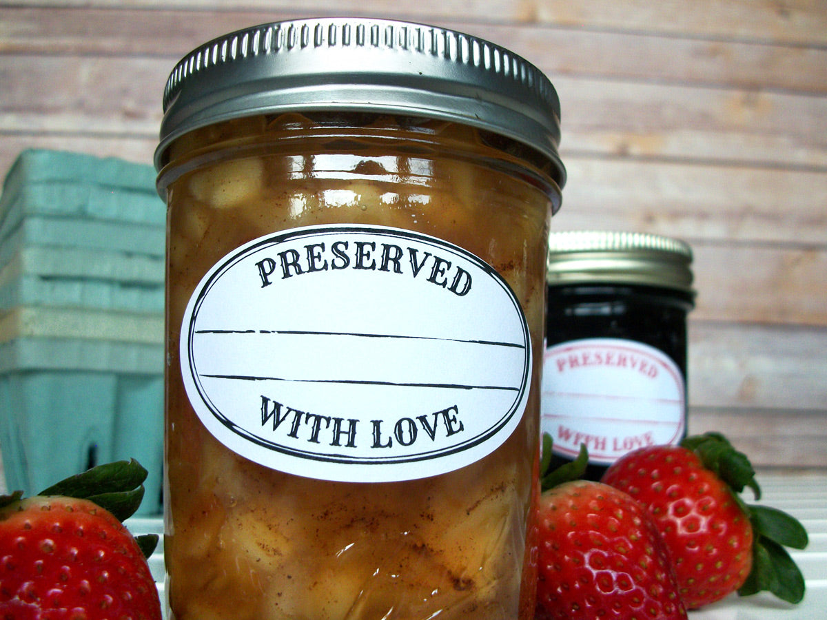 Colorful Stamped Preserved With Love Oval Jam Jar Canning Labels | CanningCrafts.com