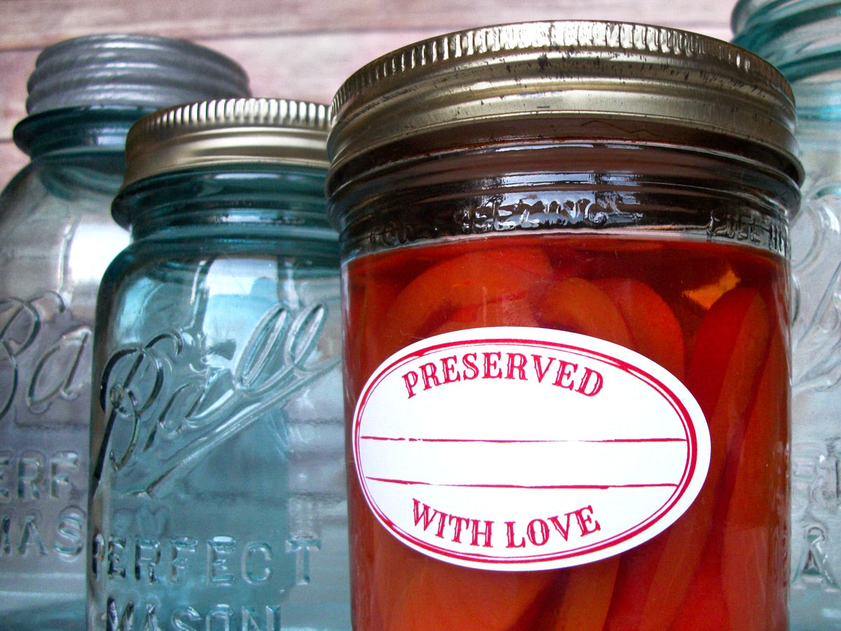 Colorful Stamped Preserved With Love Oval Canning Labels | CanningCrafts.com