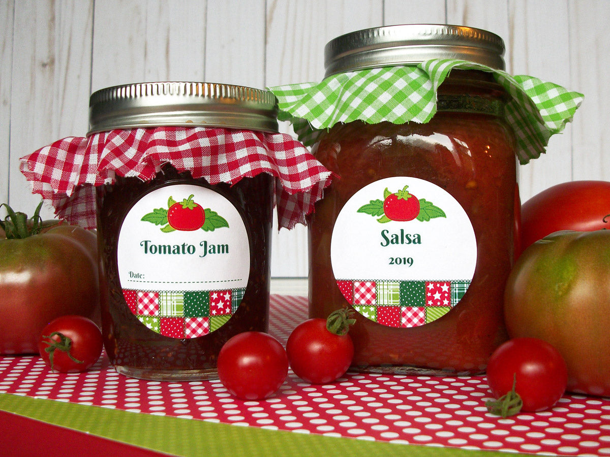 Country Quilt Tomato Jam & Salsa Mason Canning Jar Labels | CanningCrafts.com