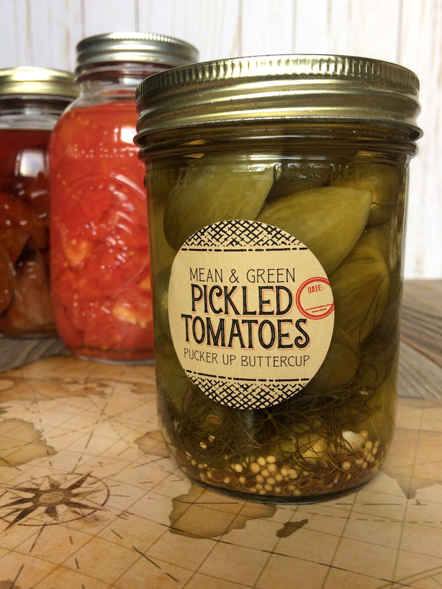 Custom Kraft Flavor Adventures pickled green tomatoes canning labels | CanningCrafts.com