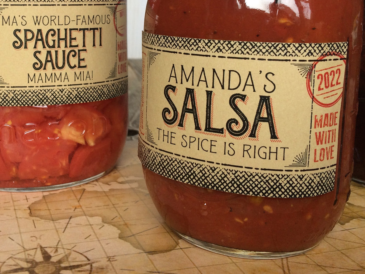Custom Kraft Flavor Adventures rectangle canning labels for salsa or spaghetti sauce | CanningCrafts.com