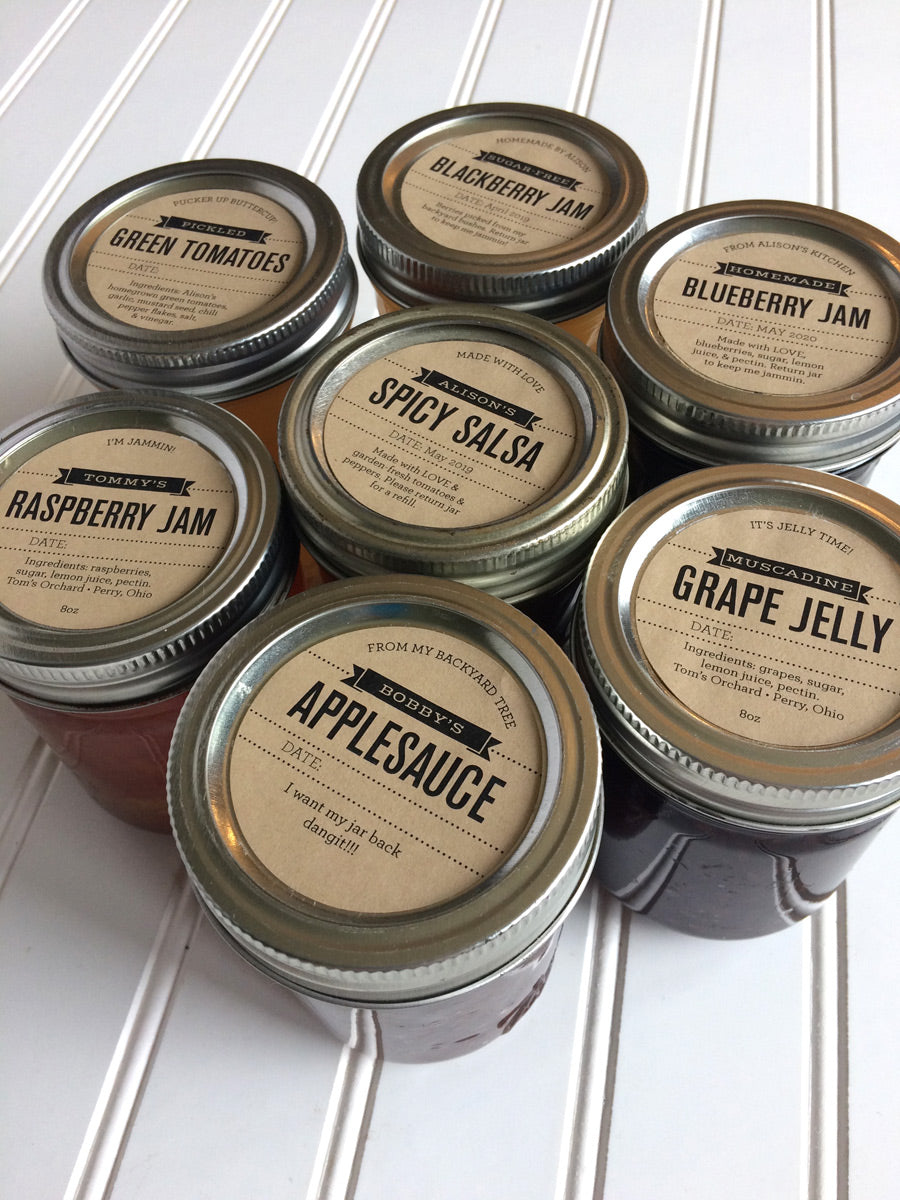 Custom Foodie's Delight Kraft Jam and Jelly Jar Labels for regular and wide mouth mason canning  jar lids | CanningCrafts.com