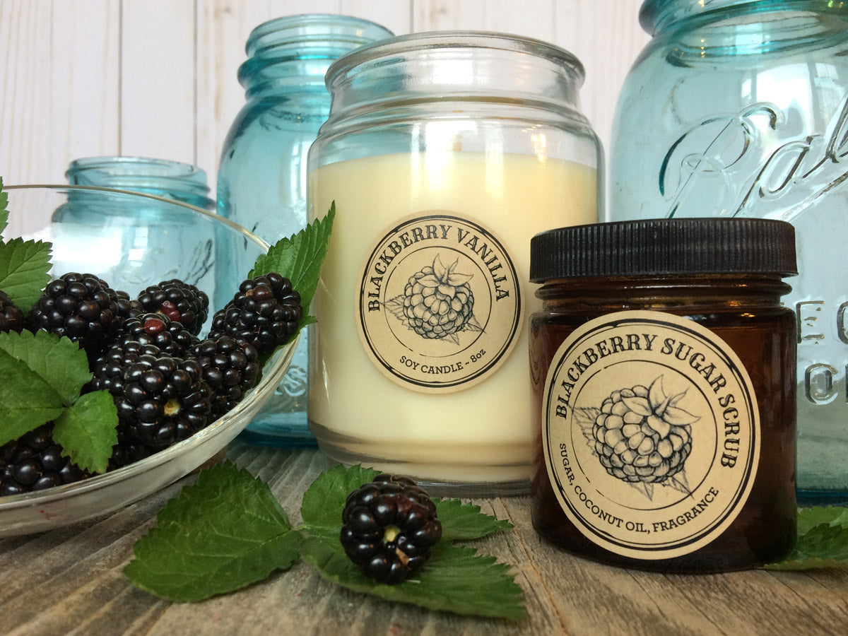Custom Kraft Apothecary Blackberry Candle and Sugar ScrubL Labels | CanningCrafts.com