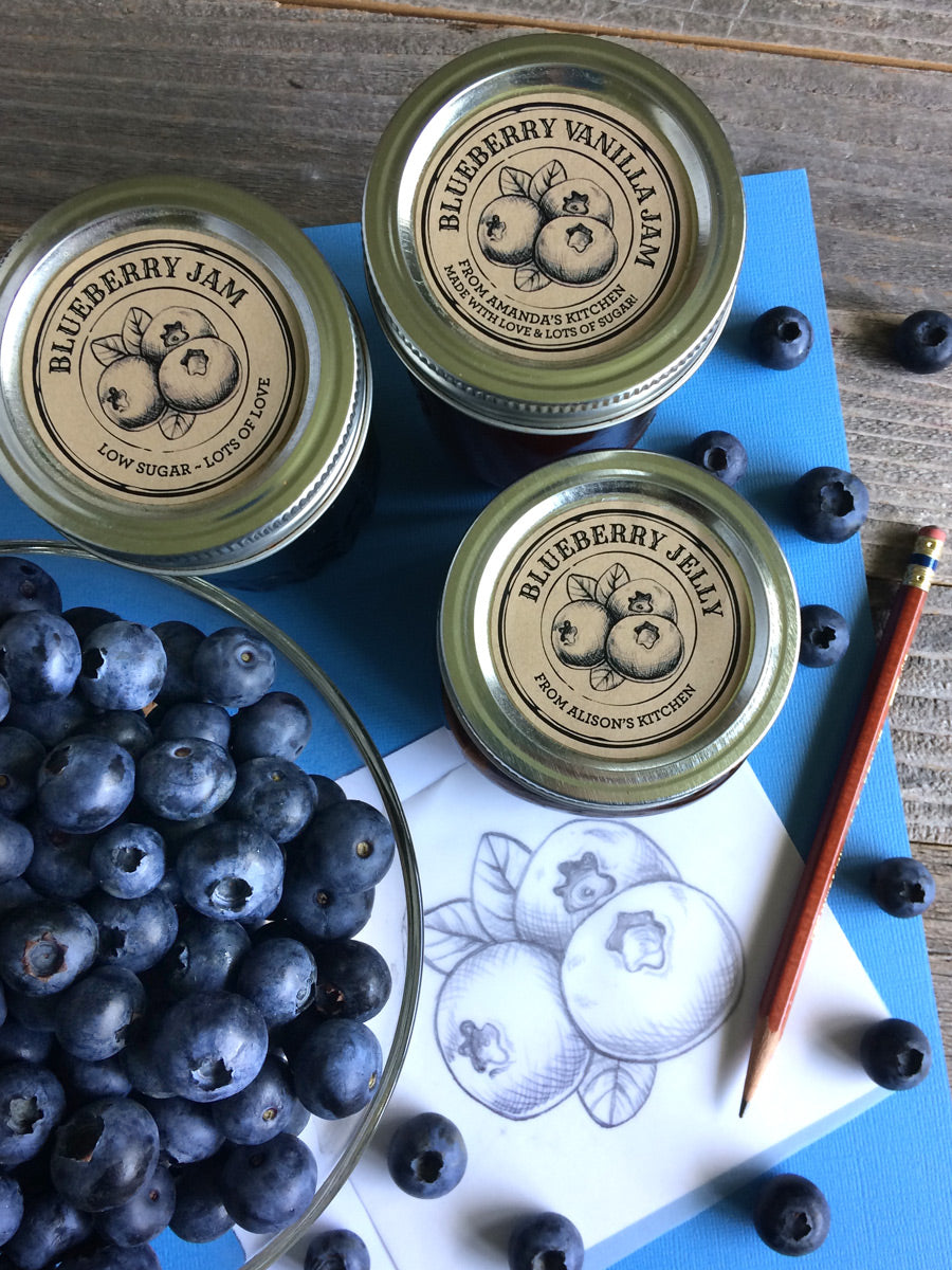 Custom Kraft Apothecary Blueberry Mason Canning Jar Labels for jam and jelly | CanningCrafts.com