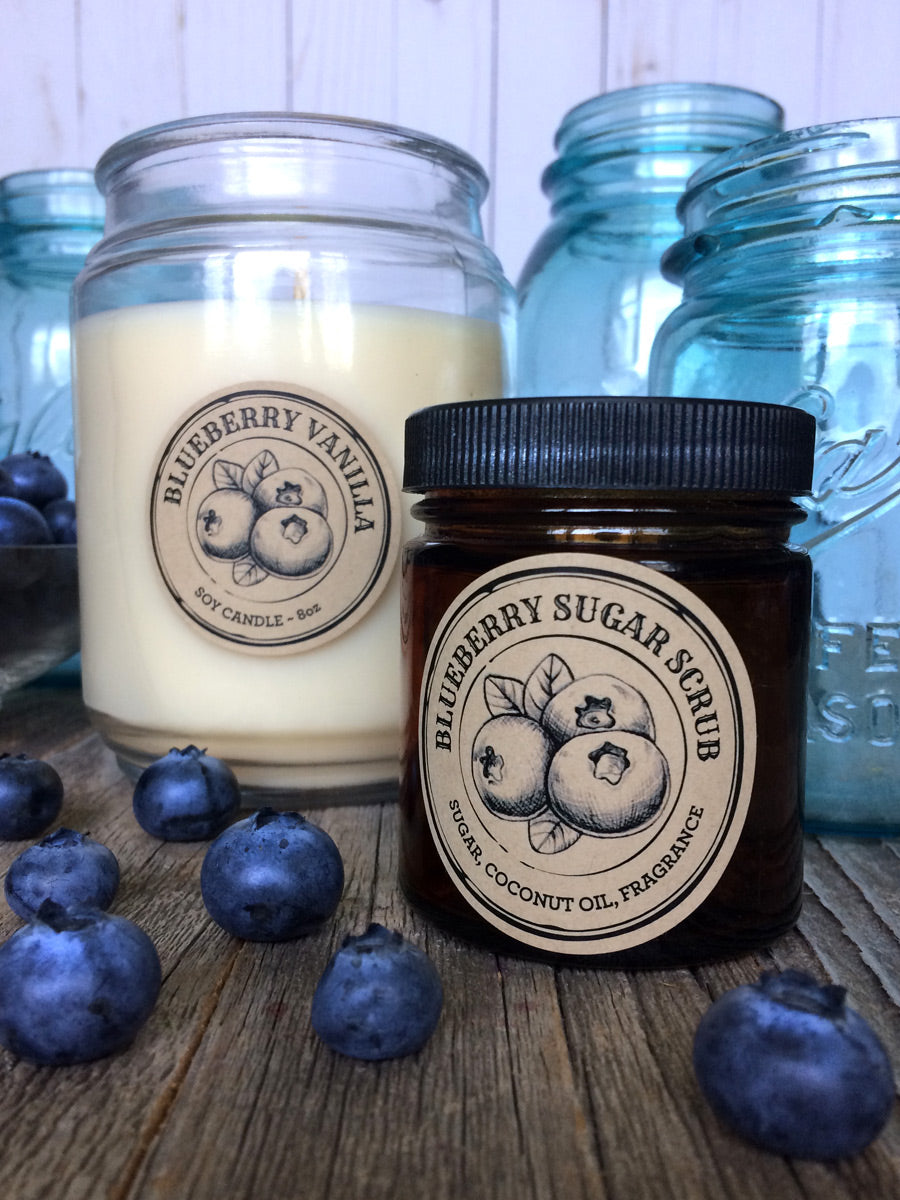 Custom Kraft Apothecary Blueberry Candle and Sugar Scrub Labels | CanningCrafts.com
