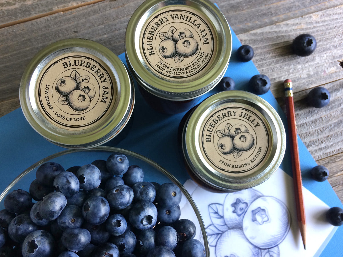 Custom Kraft Apothecary Blueberry Canning Labels for jam and jelly jars | CanningCrafts.com