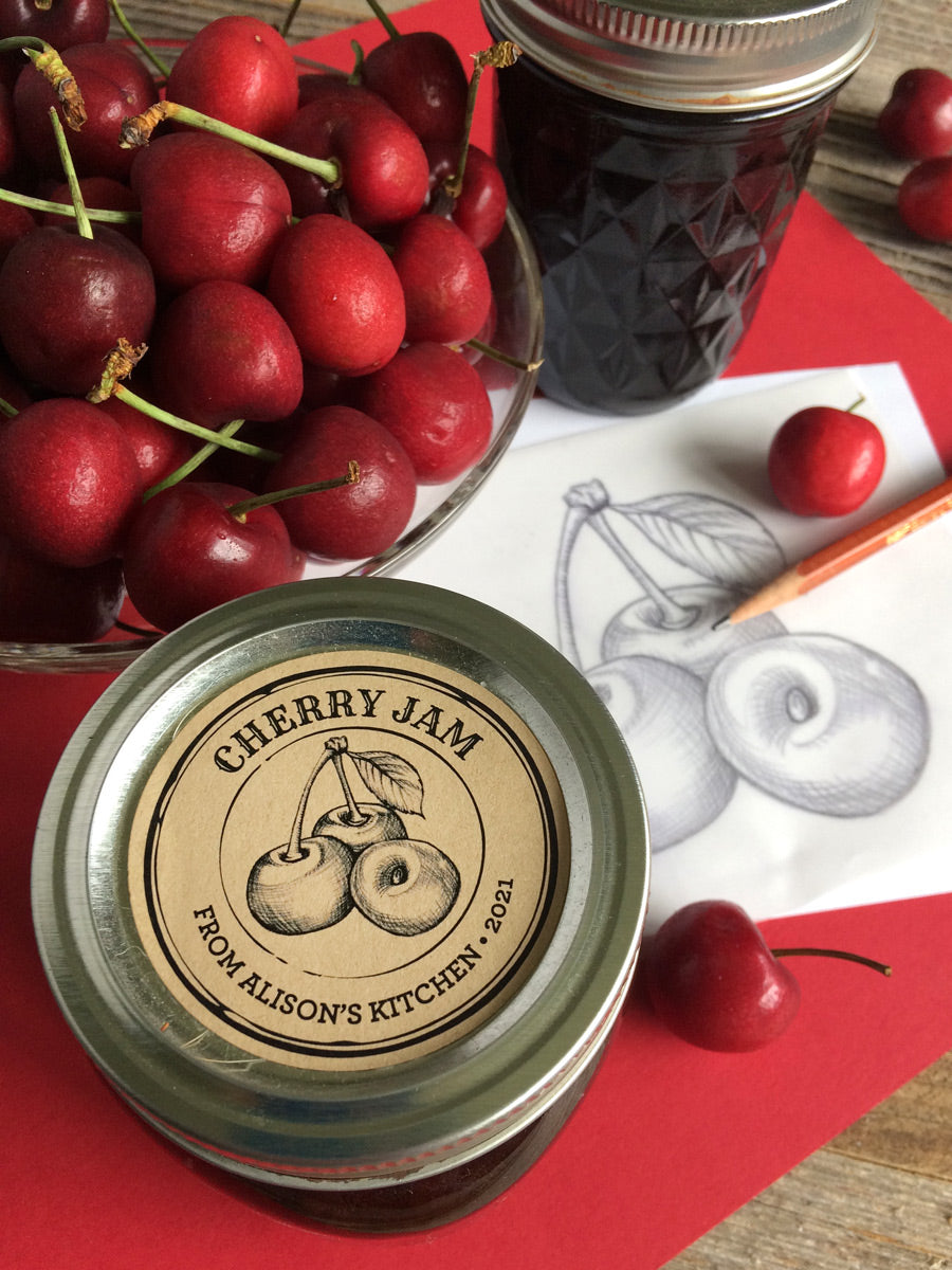 Custom Kraft Apothecary Cherry Jam Jar Labels | CanningCrafts.com