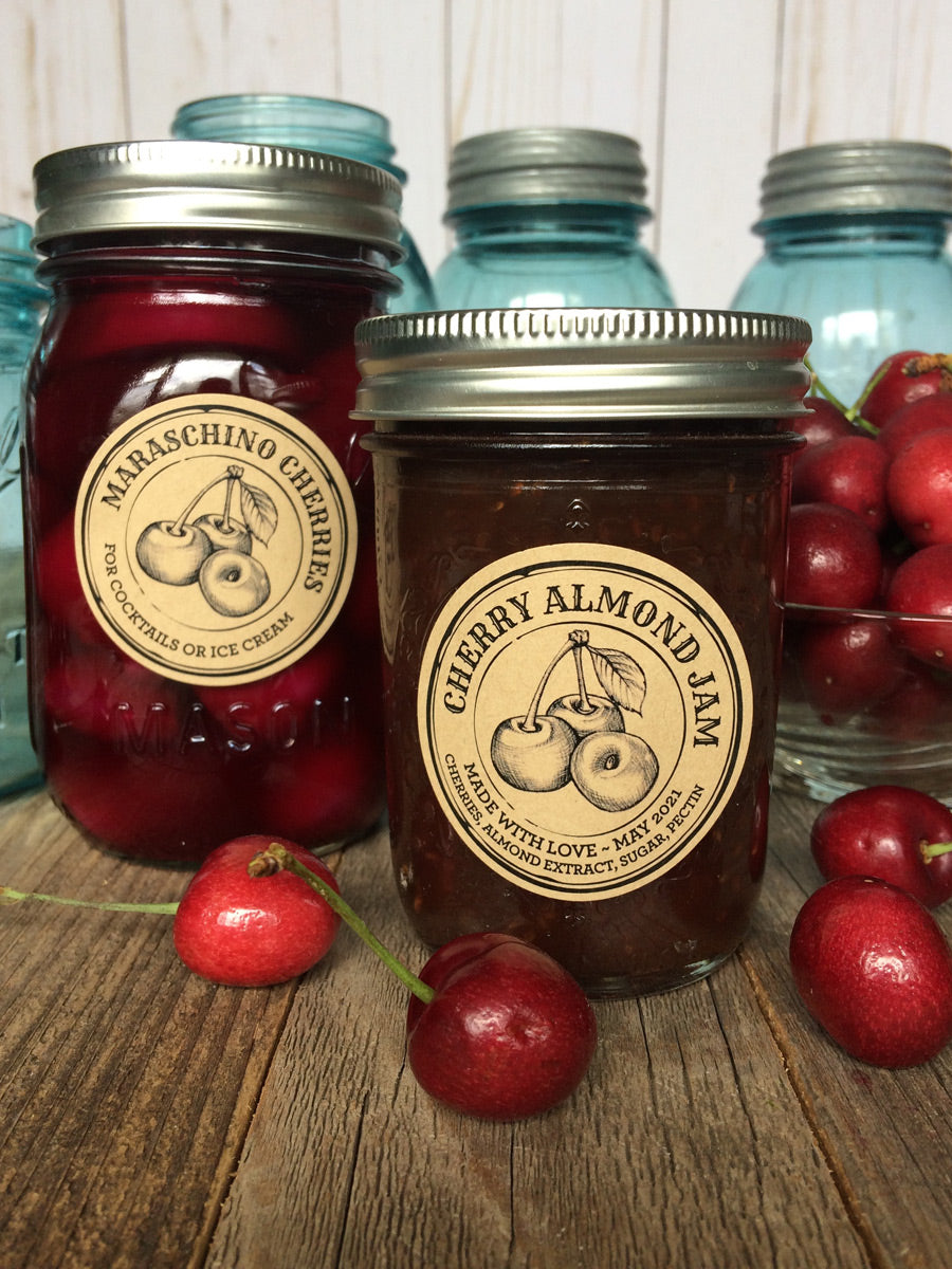 Custom Kraft Apothecary Cherry Jam and Maraschino Cherries Canning Labels | CanningCrafts.com
