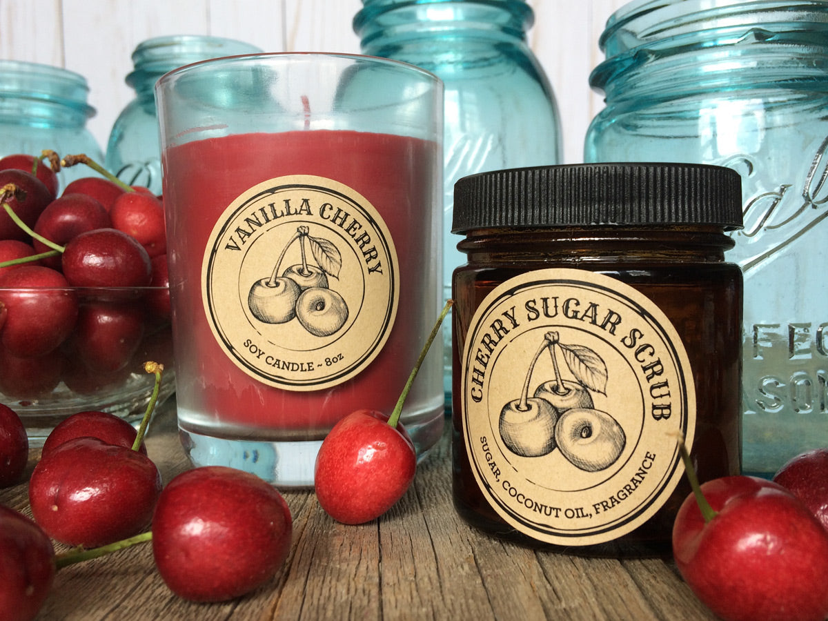 Custom Kraft Apothecary Cherry Candle and Sugar Scrub Labels | CanningCrafts.com