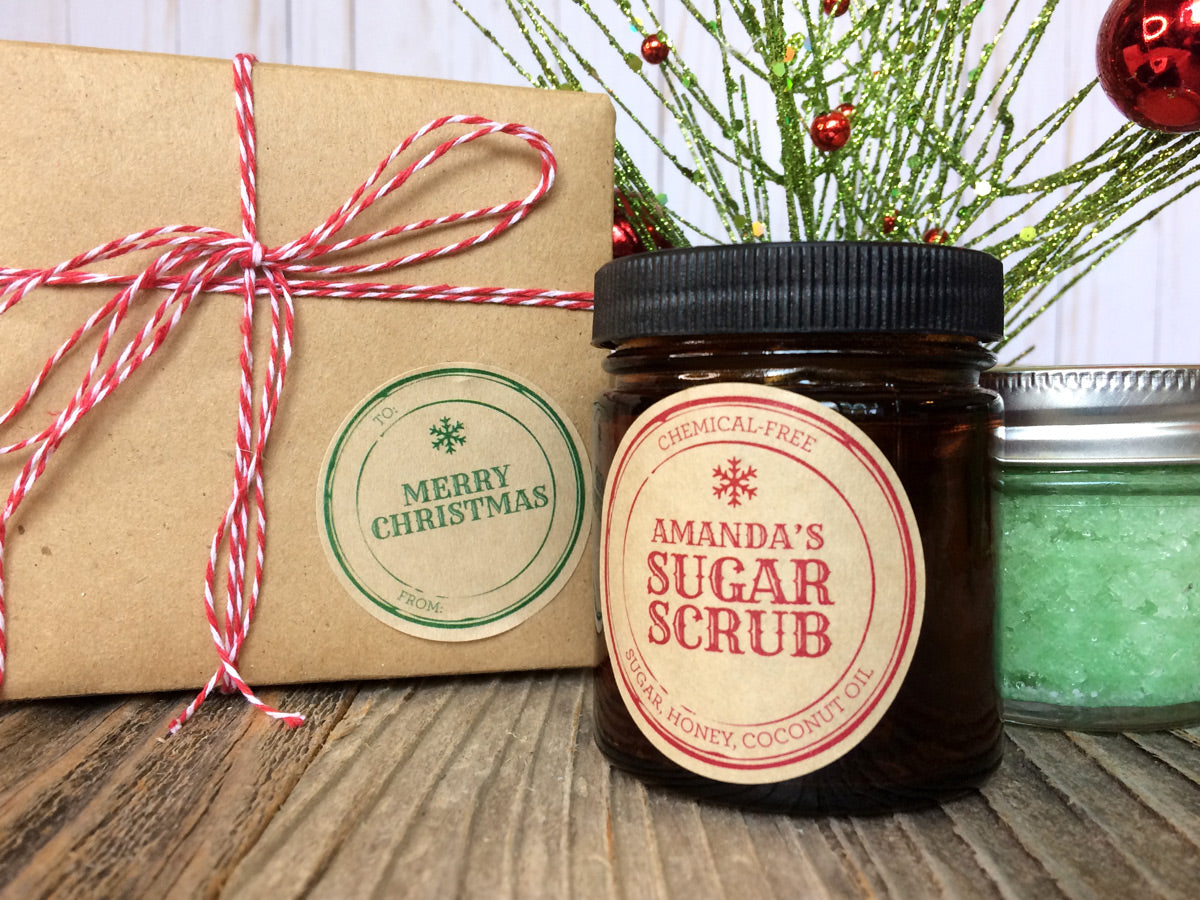 Custom Kraft Apothecary Christmas Labels for sugar scrub and gift boxes | CanningCrafts.com