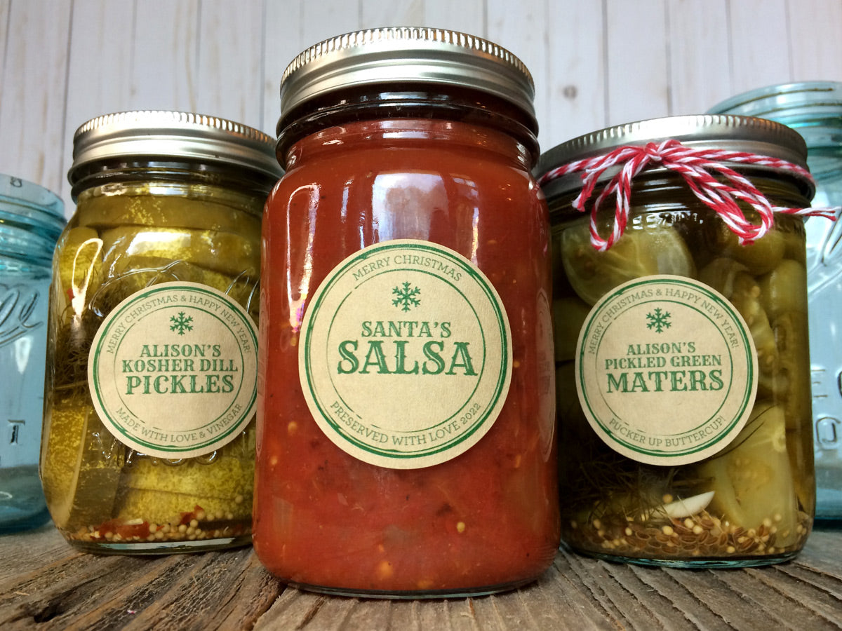 Custom Kraft Apothecary Christmas Canning Labels for salsa tomatoes and pickles | CanningCrafts.com